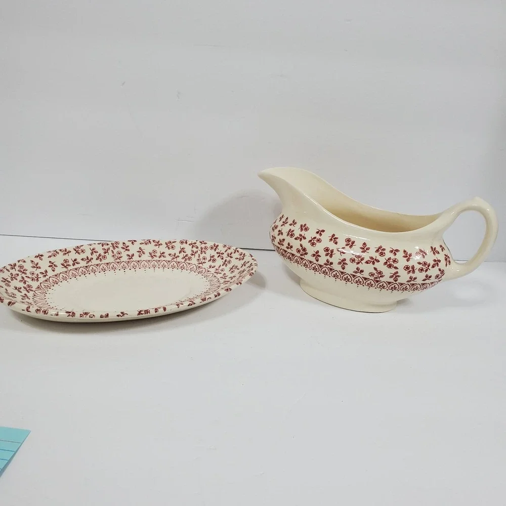 English Ironstone Tableware Provence Red Floral Gravy Boat & Underplate Set of 2
